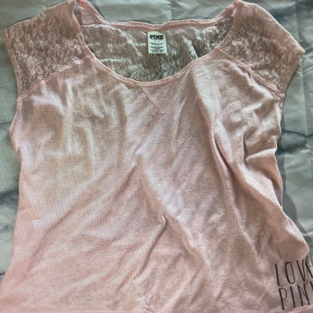 PINK Victoria's Secret Light Pink Lace Shoulder Short Sleeve Tee